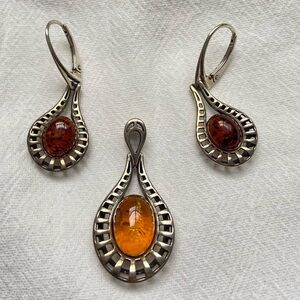 Vintage Russian Amber Teardrop Pendant & Earrings Set
